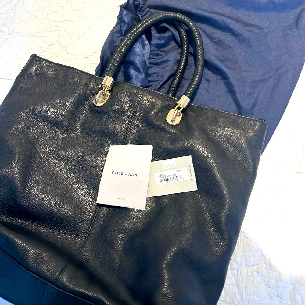 Cole Haan BENSON X-Large Crossbody Tote Black Leather Woven Handles Gold Accents